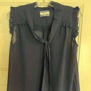 Navy blue, sheer sleeveless blouse with ruffle sleeve, V neck, tie at neck